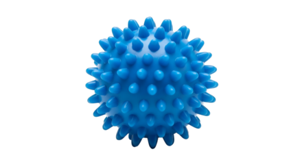 Spiky blue massage ball isolated object providing targeted muscle release and relaxation on clean white studio backdrop.