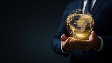 Businessman Offering Glowing 3D Icon of Interconnected Golden World, Symbolizing Global Finance, Luxury Professional Style with Dark Background and Cinematic Lighting