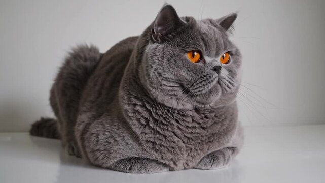 British shorthair feline with distinctive orange eyes isolated on plain white background