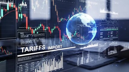 Display showing stock market charts with globe and tariffs import text overlayed on the screen - Powered by Adobe