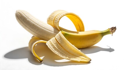 Partially Peeled Yellow Banana on White Background with Shadow fruit