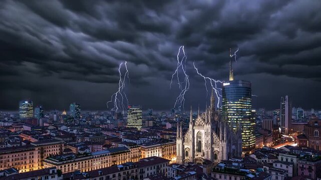 Ominous storm clouds gathering over the urban skyline of Milan, illustrating concepts of climate change