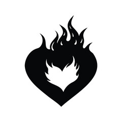 Abstract black heart engulfed in flames with a white heart core, flame inside heart icon silhouette vector illustration