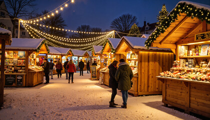People enjoying winter night at Christmas market in snowy setting  
