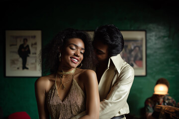 A retro, vintage, old-fashioned couple dancing at a fun party with a green background.