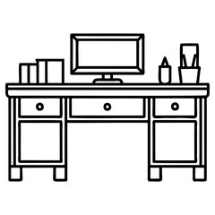 Minimalist office desk with computer, books, and supplies