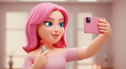Animated pink-haired character taking a selfie with lipstick in hand creating content
