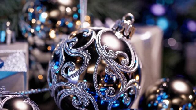 Festive Seasonal Decorations in Shades of Blue and Silver Arranged on Dark Background, Including Ornaments, Presented Boxes, Pine Cones, and Sparkling Embellishments