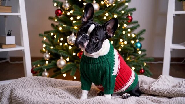 Canine of small breed wearing festive holiday attire posing in front of decorated evergreen tree