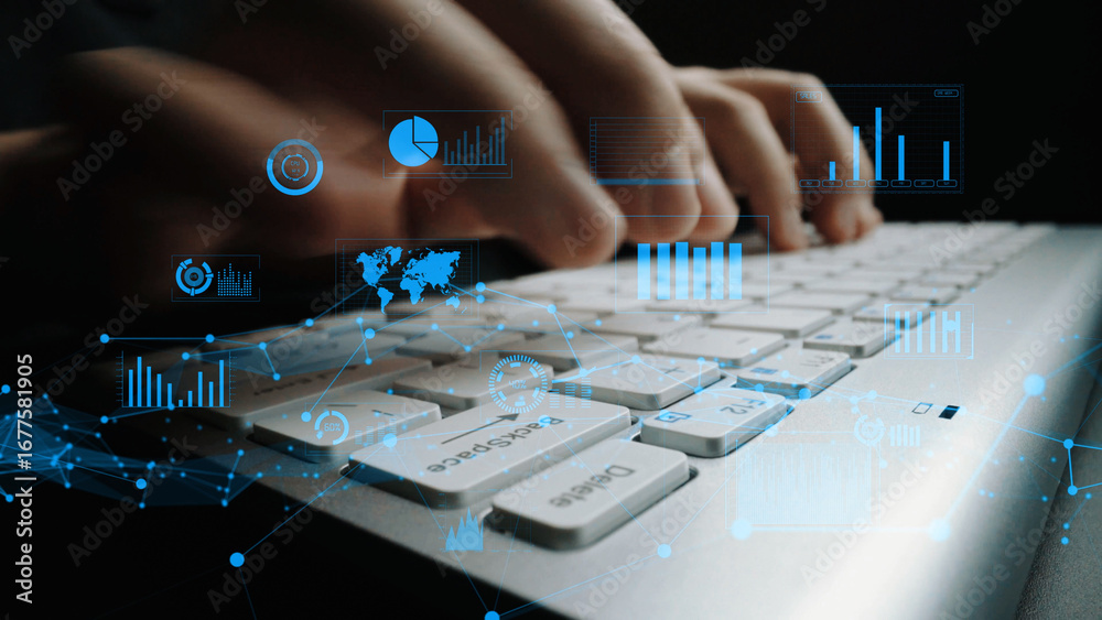Wall mural close-up of hands typing on a sleek laptop keyboard surrounded by digital graphs and data visualizat