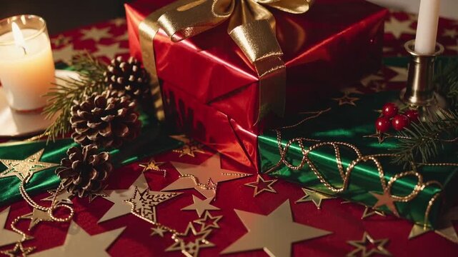 tightly framed close-up shot of beautifully wrapped festive gift box placed on Christmas Eve dinner table setting