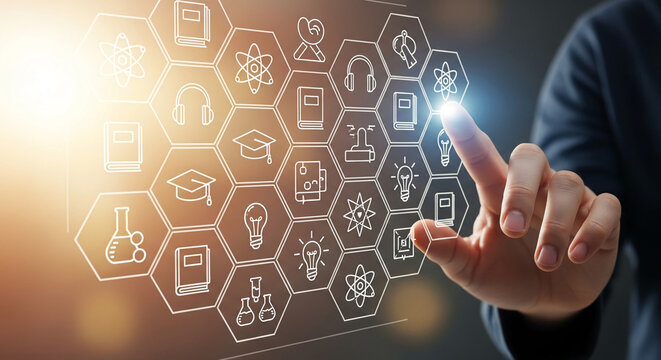 Finger interacts with hexagonal grid displaying education icons: books, lightbulb, atom, graduation cap, headphones Knowledge network concept, online learning, digital education