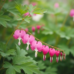 Delicate pink heart-shaped flowers in a garden setting