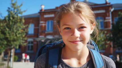 Smiling schoolgirl with backpack stands outdoors in front of a historic brick school building on a sunny day, captured in a natural close-up portrait.