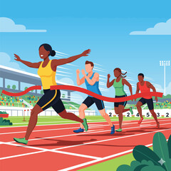 Illustration of a female athlete winning a race, crossing the finish line with other runners behind