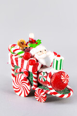 Christmas table composition. Beautiful decoration. Christmas trees, candles, stars, lights and elegant accessories. Merry Christmas and Happy Holidays, Template.