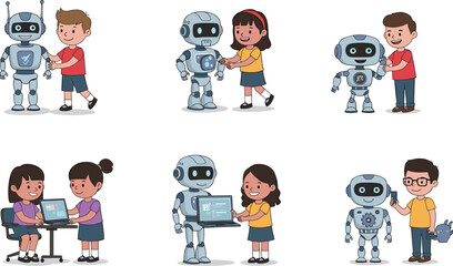 Cute kids interacting with friendly robots vector illustration showing children learning technology, coding, programming, artificial intelligence, and futuristic digital education