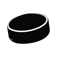 A black and white minimalist illustration of an ice hockey puck object, hockey puck silhouette vector illustration
