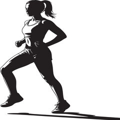 Silhouette of a woman running with a ponytail wearing athletic wear and shoes on a white background