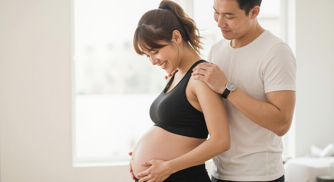 Pregnant asian woman with partner giving shoulder massage at home. Maternity wellness moment for prenatal care and couple support service documentation
