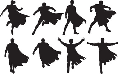 superhero silhouettes vector set with dynamic capes and action poses black figures comic hero illustration