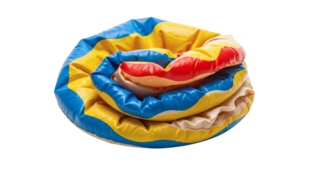 Inflatable colorful pool tube on white backdrop with appealing design promoting summer fun for playful water activities