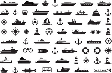 maritime vector icons set boats ships nautical symbols anchor compass lighthouse sailing transport marine