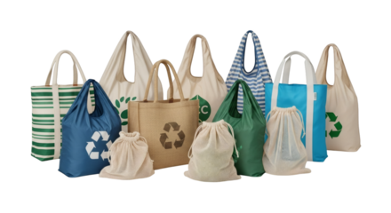 Assorted reusable shopping bags promoting environmental consciousness and eco-friendly lifestyles with bright colors and diverse materials