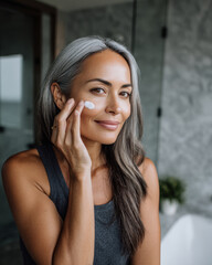 Fototapeta premium Confident woman with gray hair applying moisturizing cream on her face in a modern bathroom, promoting natural beauty and healthy skincare.