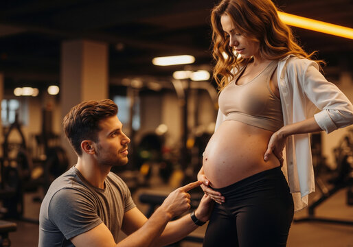 Pregnant woman with partner at gym touching belly with fitness equipment background. Active maternity lifestyle for prenatal exercise and wellness programs - Powered by Adobe
