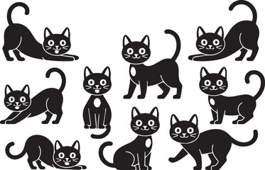set of nine cat pose vectors featuring black kitten characters in various positions ideal for pet branding