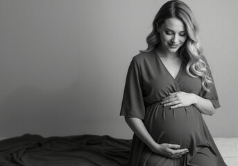 Pregnant woman in wrap dress holding belly in monochrome bedroom portrait. Maternity wellness and self-care during pregnancy for maternal health campaigns