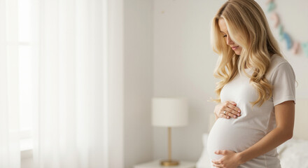 Pregnant blonde woman in white dress touching belly at home. Solo maternity moment for prenatal wellness and pregnancy lifestyle content creation services