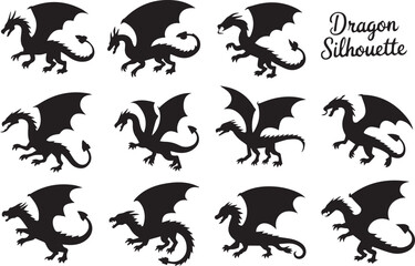 mythical dragon silhouette collection vector art set 11 black winged creature shapes ideal for gaming fantasy