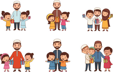 Happy Muslim family celebrating Eid together, exchanging gifts, spending quality time, and enjoying festive moments with children and relatives joyfully