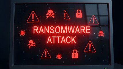 Digital ransomware attack warning with danger symbols