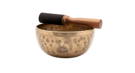 Close-up of a singing bowl and mallet on seamless white background for meditation and wellness promotion.