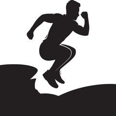 Silhouette of a man jumping over an obstacle in black and white athletic training exercise scene