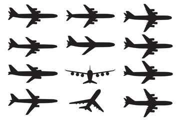 modern airplane silhouette icons set for transportation and travel design with twelve commercial jetliner profiles