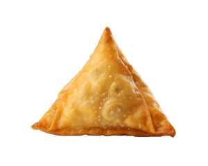 Crispy samosa isolated, top view, photorealistic, clean white backdrop.