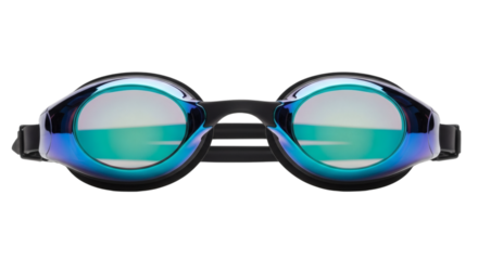 Sleek swimming goggles with iridescent lenses, isolated, conveying athleticism and professional water sports equipment on seamless bright backdrop