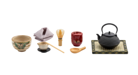 Elegant arrangement showcasing a traditional Japanese tea ceremony with assorted, exquisite utensils on a clean white background.