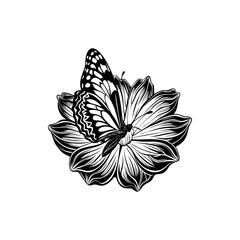 Elegant monochrome illustration of a butterfly perched on a detailed flower Silhouette Vector 