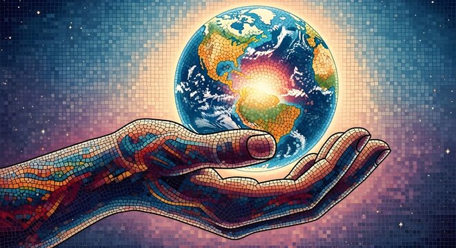 Earth in hand mosaic art global care environment concept save planet illustration