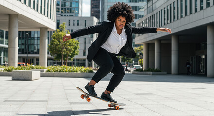 Young black woman skateboarding confidently in urban business district  