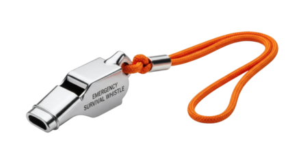 Polished metal survival whistle with orange lanyard, providing security and safety in hazardous conditions on white