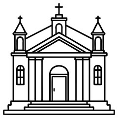 Black and white line drawing of classic church with crosses