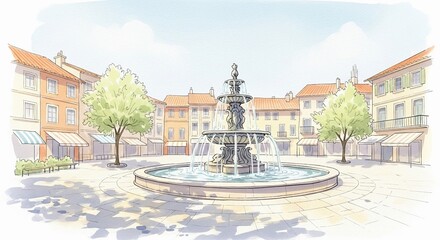 Naklejka premium Charming European town square with a historic fountain surrounded by quaint buildings and trees.