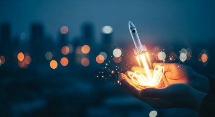Rocket launching from cupped hands, glowing trail against blurred city lights, symbolizing new beginnings, innovation, and growth in business