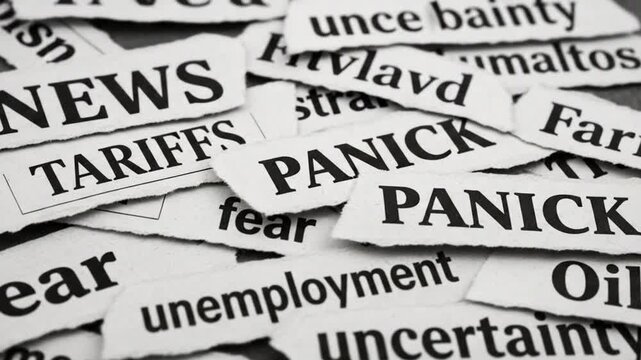 Close up of torn newspaper clippings with words like panic fear and uncertainty scattered around